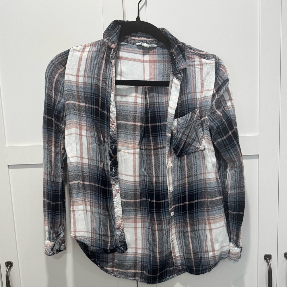 Beach Lunch Lounge: Pink and Navy Plaid Button-Up Shirt